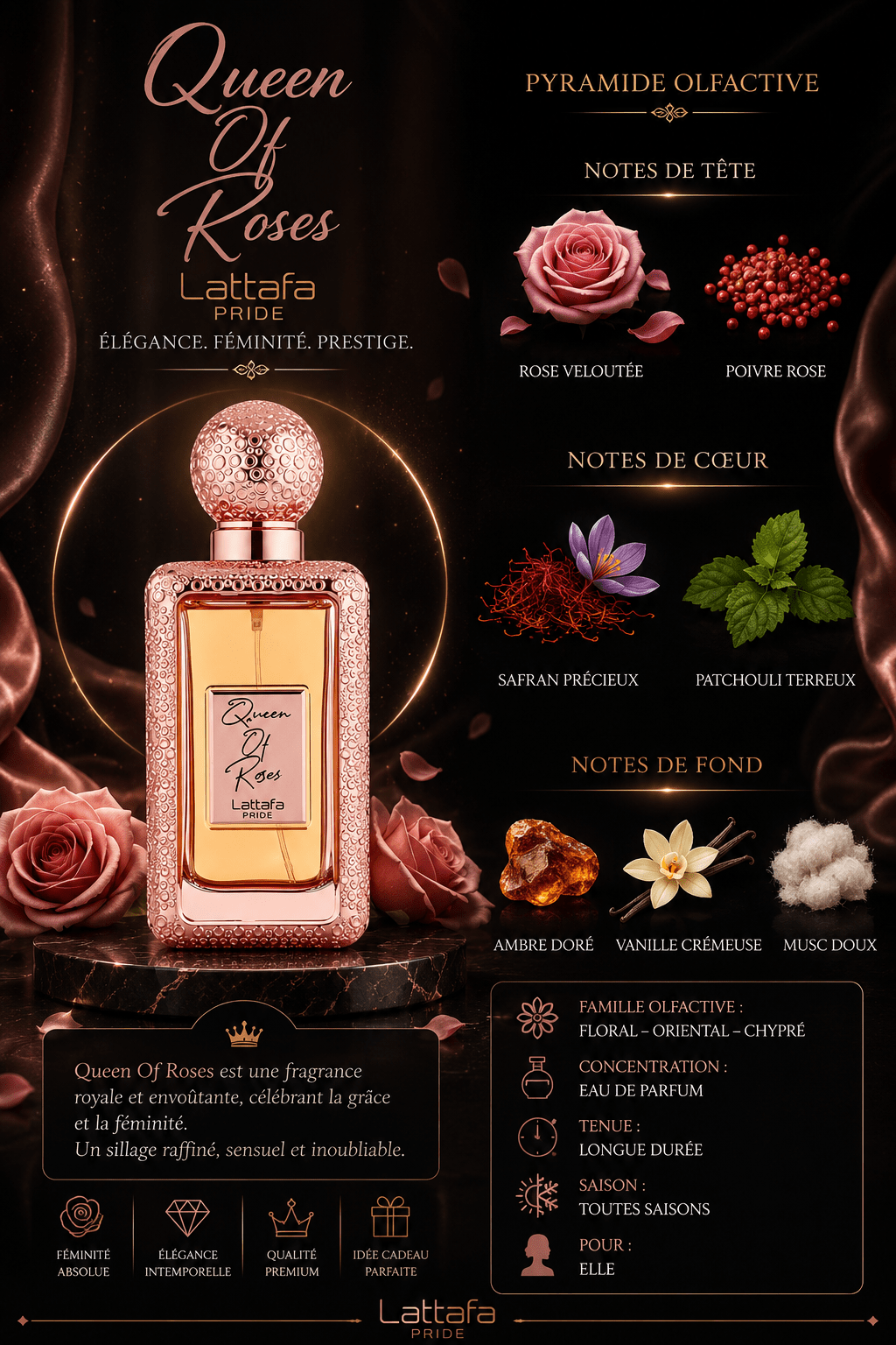Lattafa Pride Queen of Roses - Parfum Rose Safran Ambre Femme - EDP 100ml - Maison Des Parfums