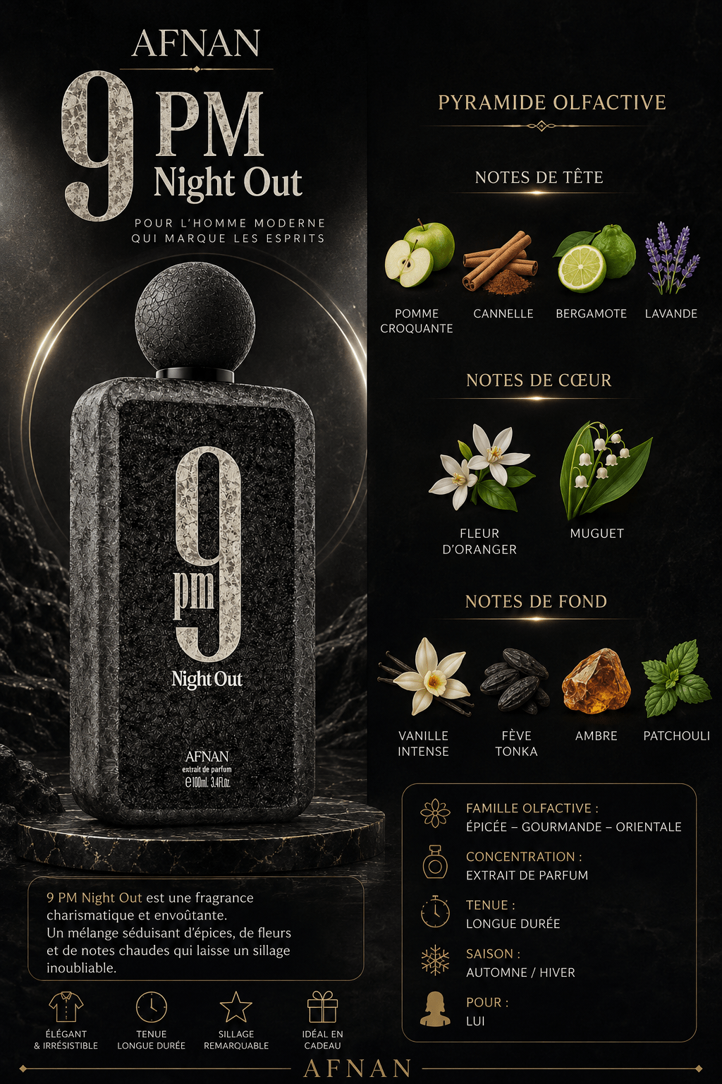 Afnan 9 PM Night Out - Parfum Oriental Nuit Unisexe - Extrait de Parfum 100ml - Maison Des Parfums