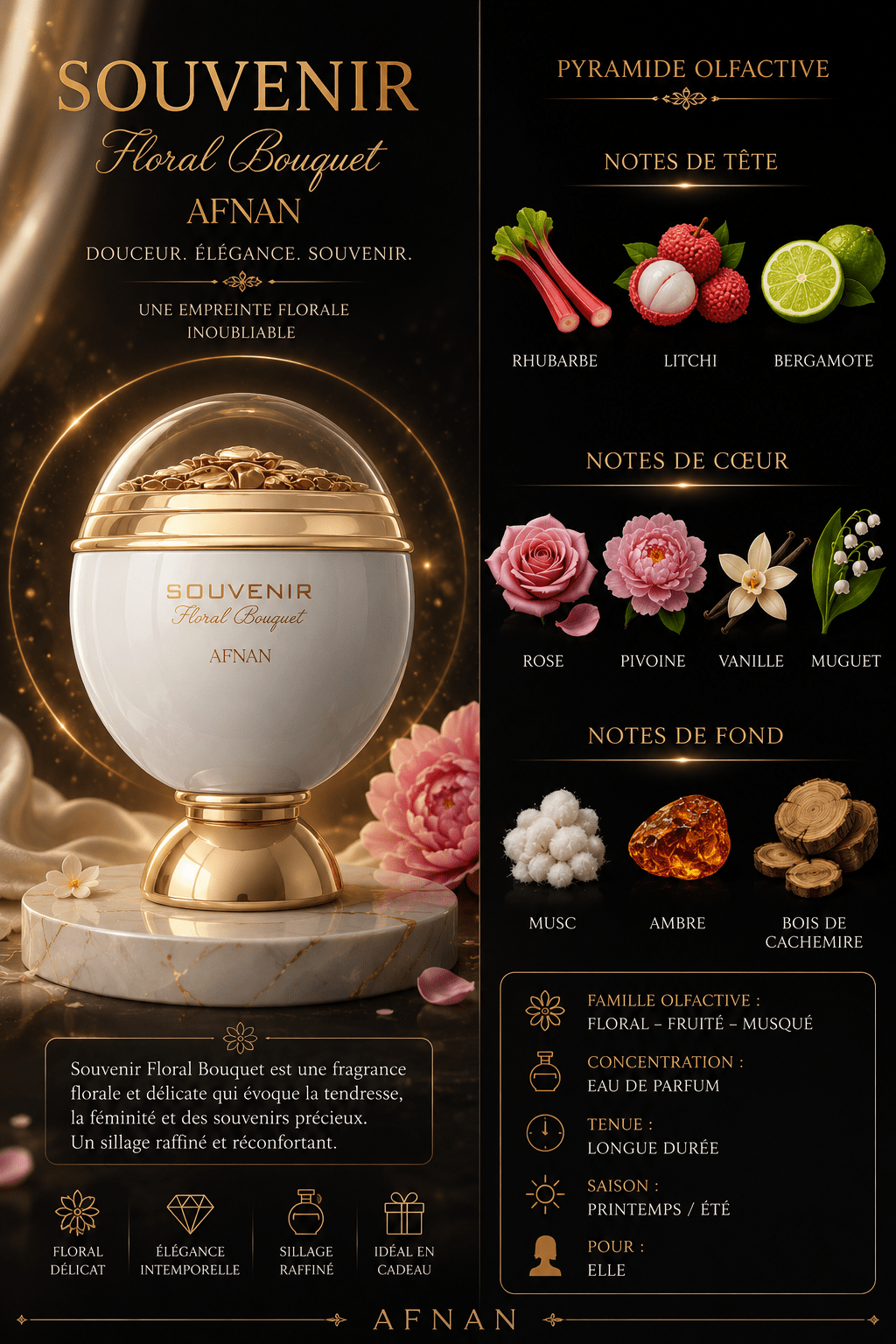 Afnan Souvenir Floral Bouquet - Parfum Floral Rose Femme - EDP 100ml - Maison Des Parfums