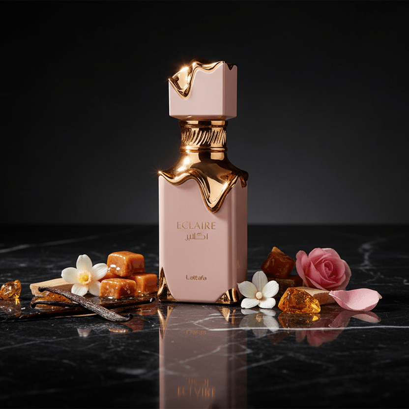 Lattafa Eclaire parfum femme vanille caramel fond blanc